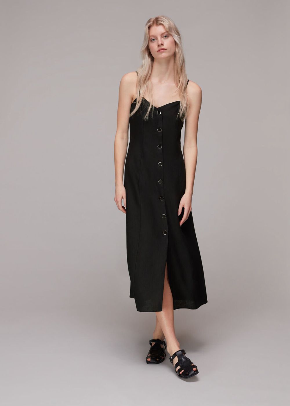 Whistles Ava Button Linen Mix Dress Black | US-15893LRCH