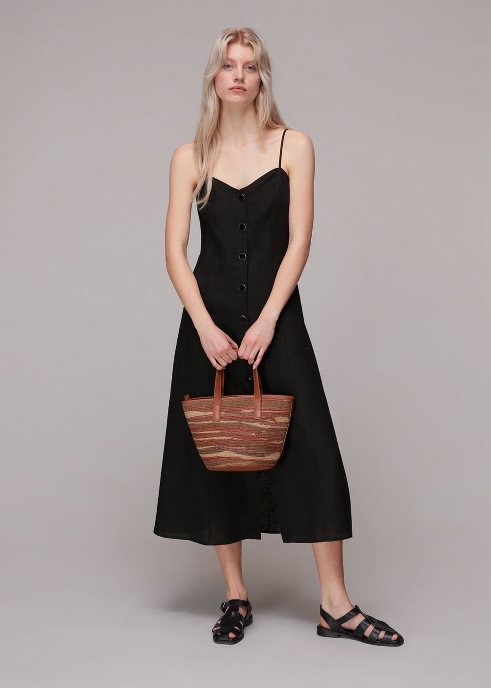 Whistles Ava Button Linen Mix Dress Black | US-15893LRCH