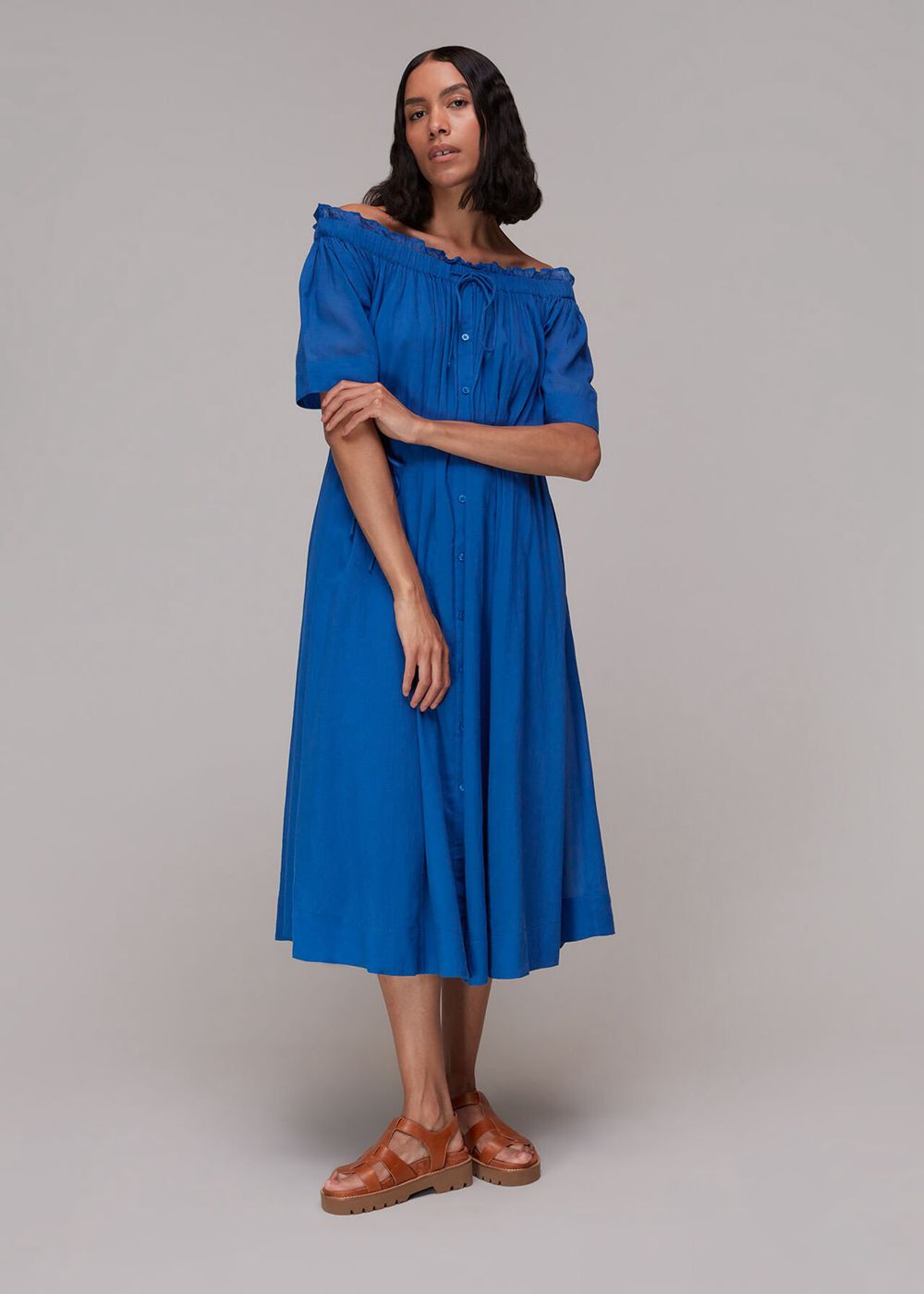 Whistles Bardot Trapeze Midi Dress Blue | US-15629LYZE