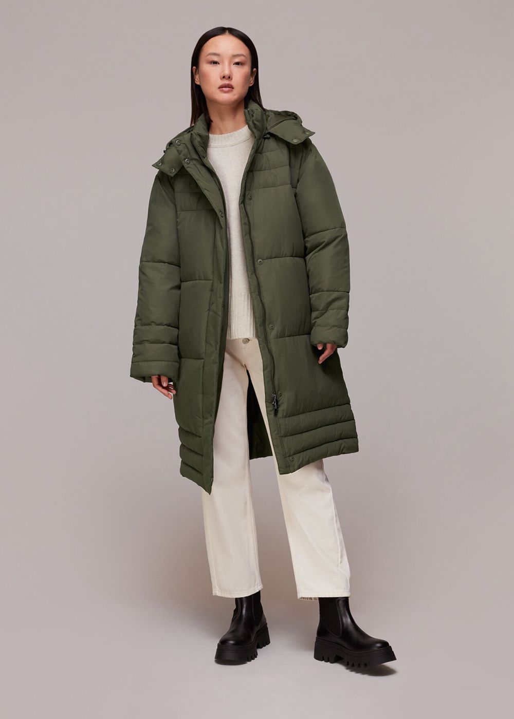 Whistles Becky Longline Puffer Jacket Khaki | US-71345MBNX