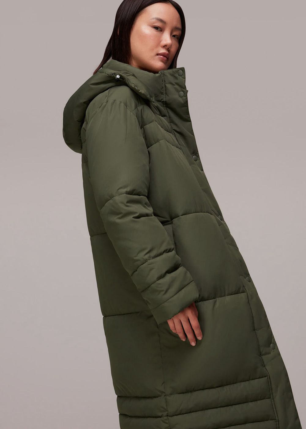 Whistles Becky Longline Puffer Jacket Khaki | US-71345MBNX