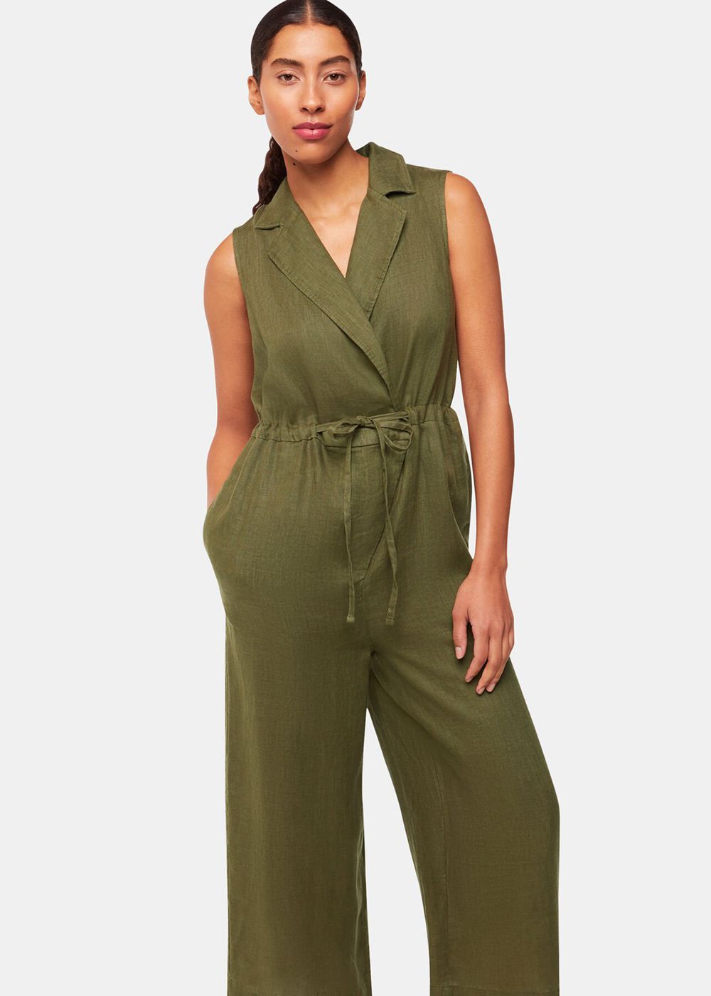 Whistles Bella Linen Wrap Jumpsuit Khaki | US-96342AGQI