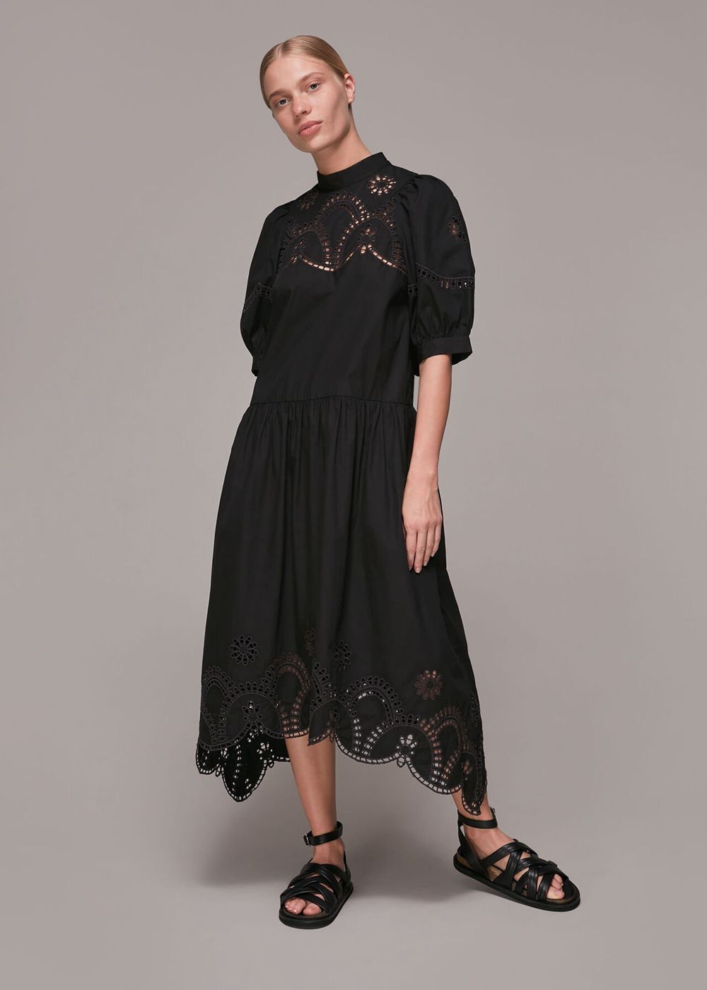 Whistles Broderie Cutwork Poplin Dress Black | US-31904OAFU