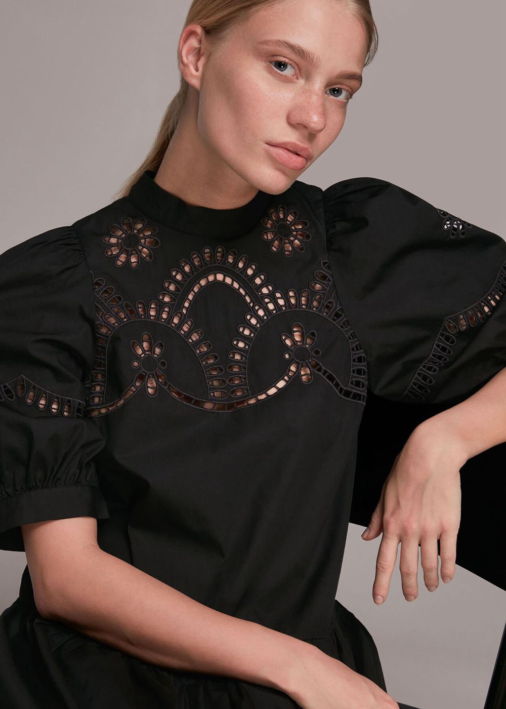 Whistles Broderie Cutwork Poplin Dress Black | US-31904OAFU