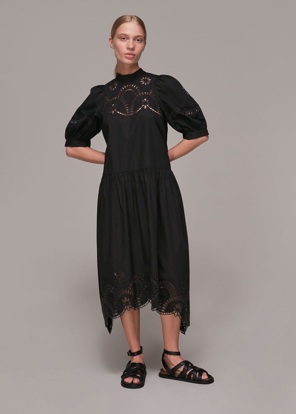 Whistles Broderie Cutwork Poplin Dress Black | US-31904OAFU