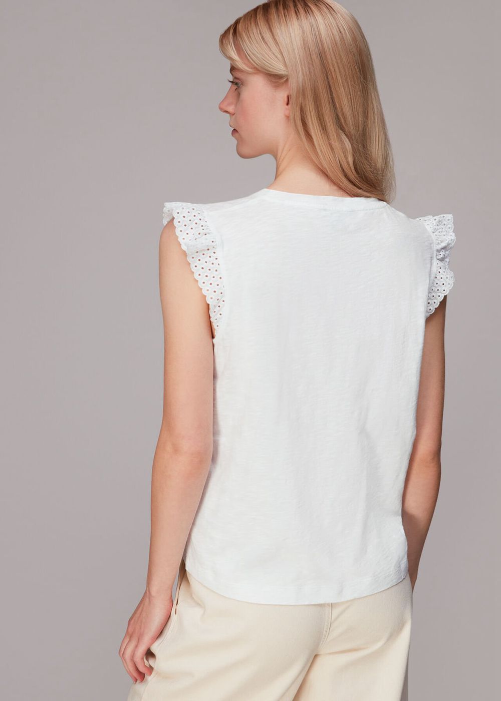 Whistles Broderie Frill Sleeve T-Shirt White | US-41750OPUD