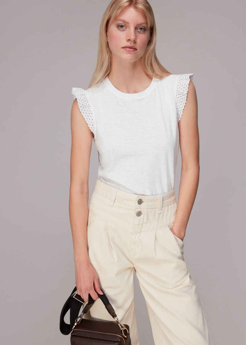 Whistles Broderie Frill Sleeve T-Shirt White | US-41750OPUD