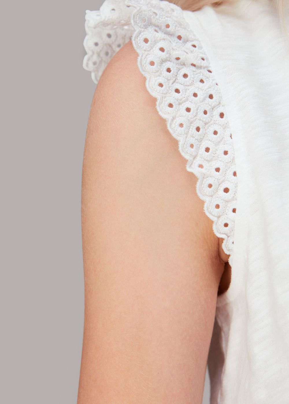 Whistles Broderie Frill Sleeve T-Shirt White | US-41750OPUD