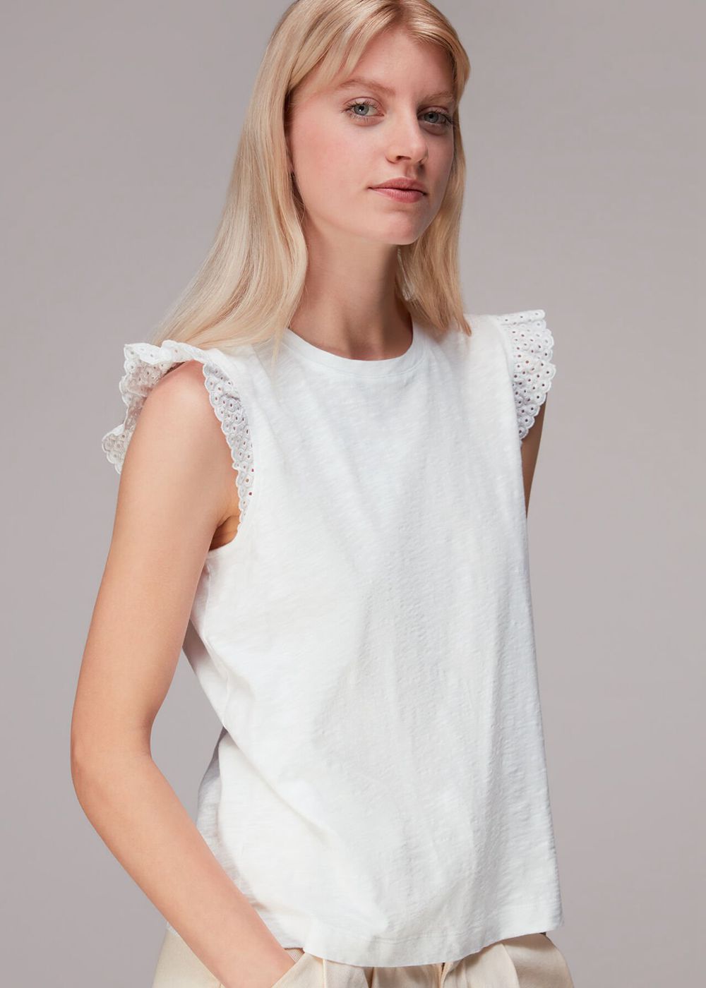 Whistles Broderie Frill Sleeve T-Shirt White | US-41750OPUD