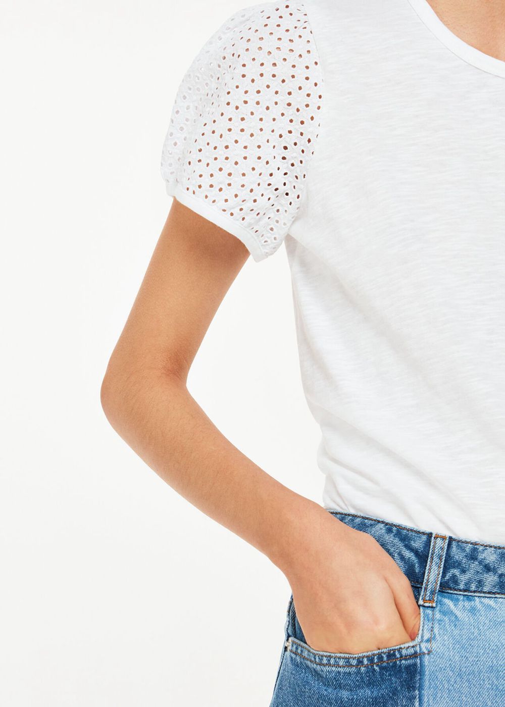 Whistles Broderie Puff Sleeve T-Shirt White | US-61207KPDQ