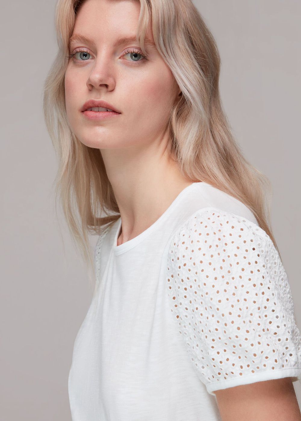 Whistles Broderie Puff Sleeve T-Shirt White | US-61207KPDQ