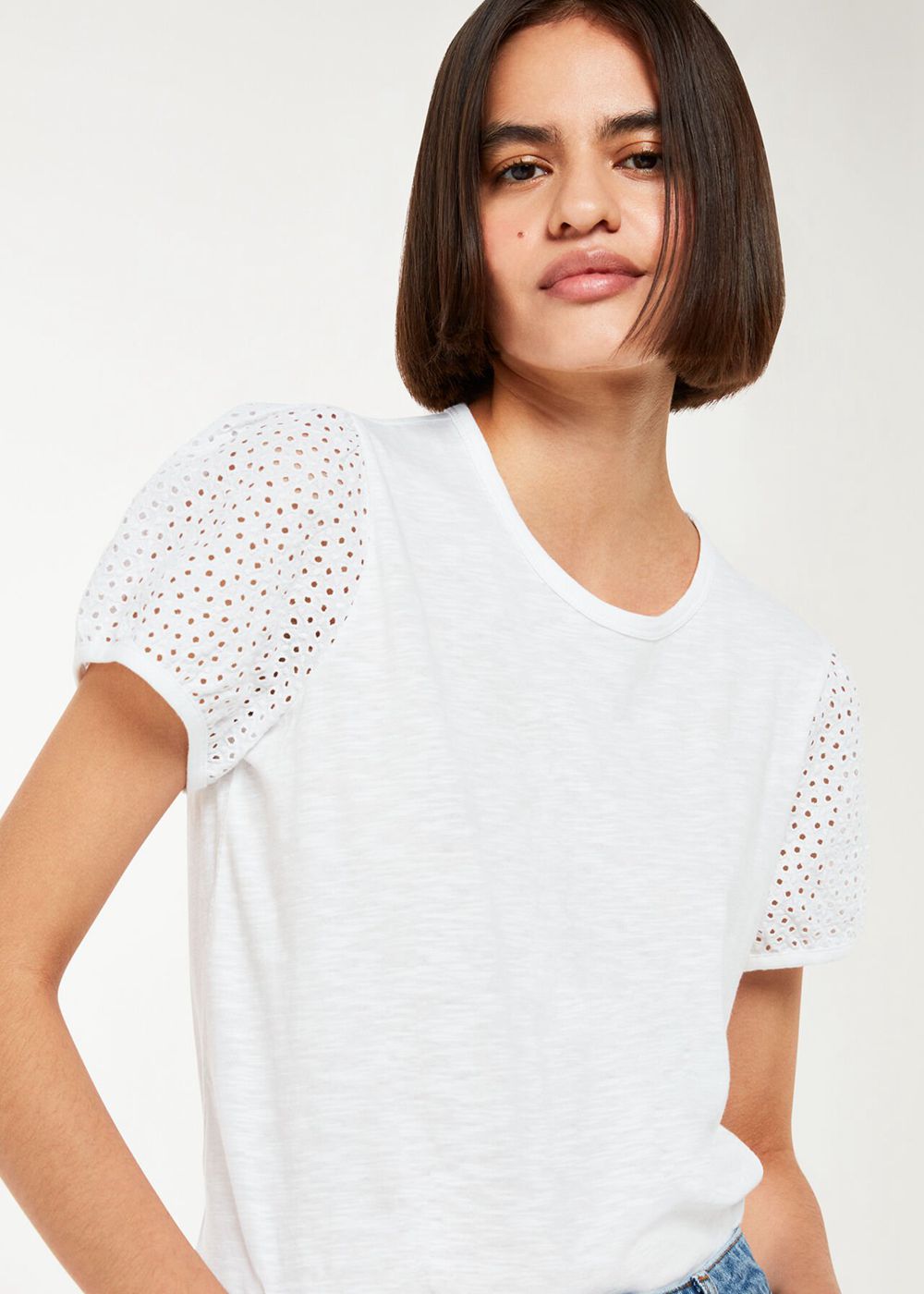 Whistles Broderie Puff Sleeve T-Shirt White | US-61207KPDQ