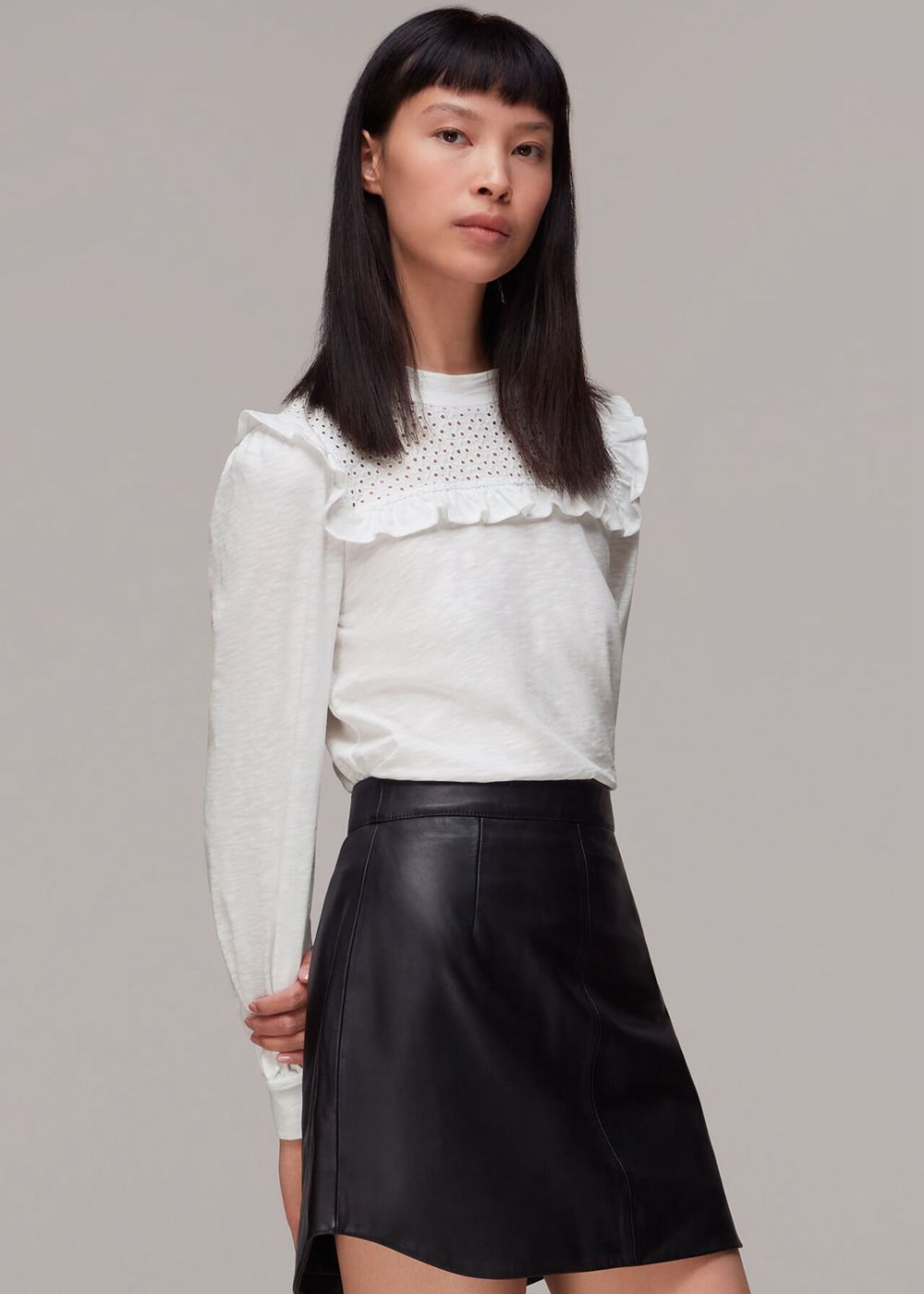 Whistles Broderie Yoke Frill Detail Top White | US-63902ECXK