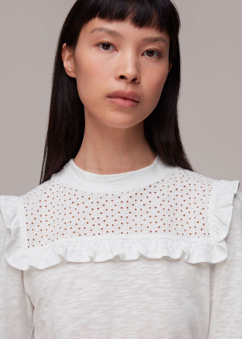 Whistles Broderie Yoke Frill Detail Top White | US-63902ECXK