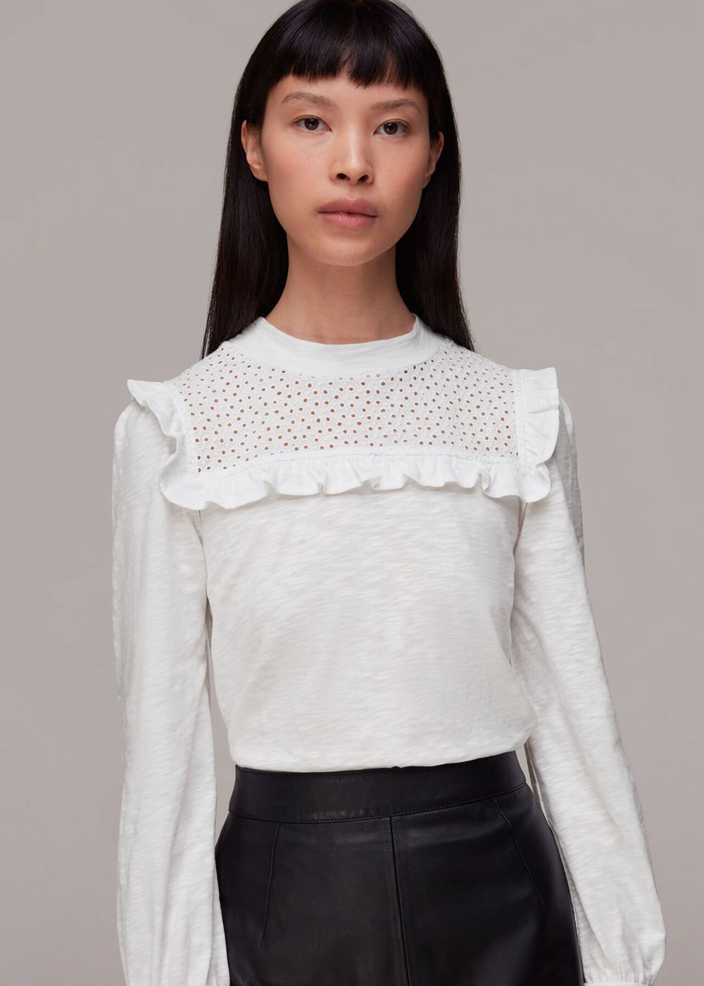 Whistles Broderie Yoke Frill Detail Top White | US-63902ECXK