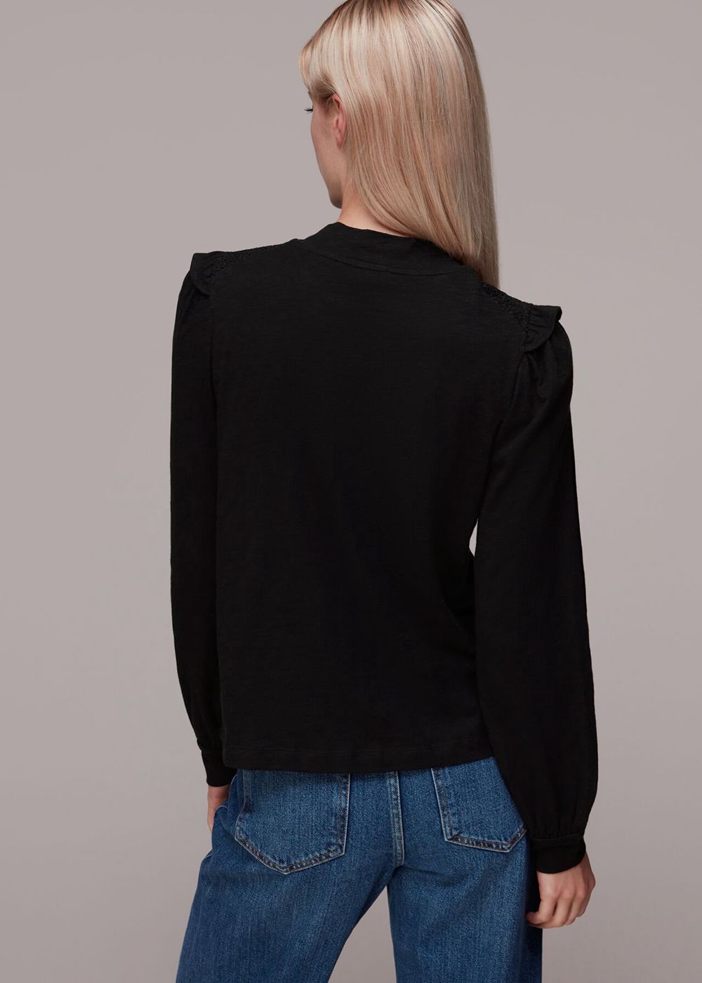 Whistles Broderie Yoke Frill Detail Top Black | US-89026FJPV