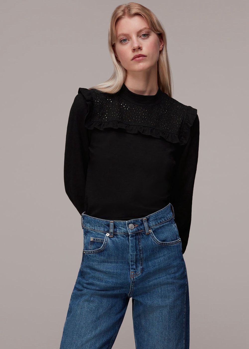 Whistles Broderie Yoke Frill Detail Top Black | US-89026FJPV