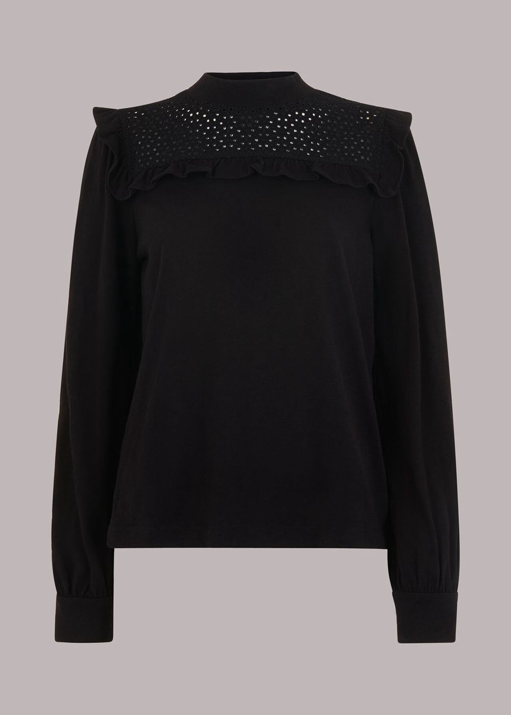 Whistles Broderie Yoke Frill Detail Top Black | US-89026FJPV