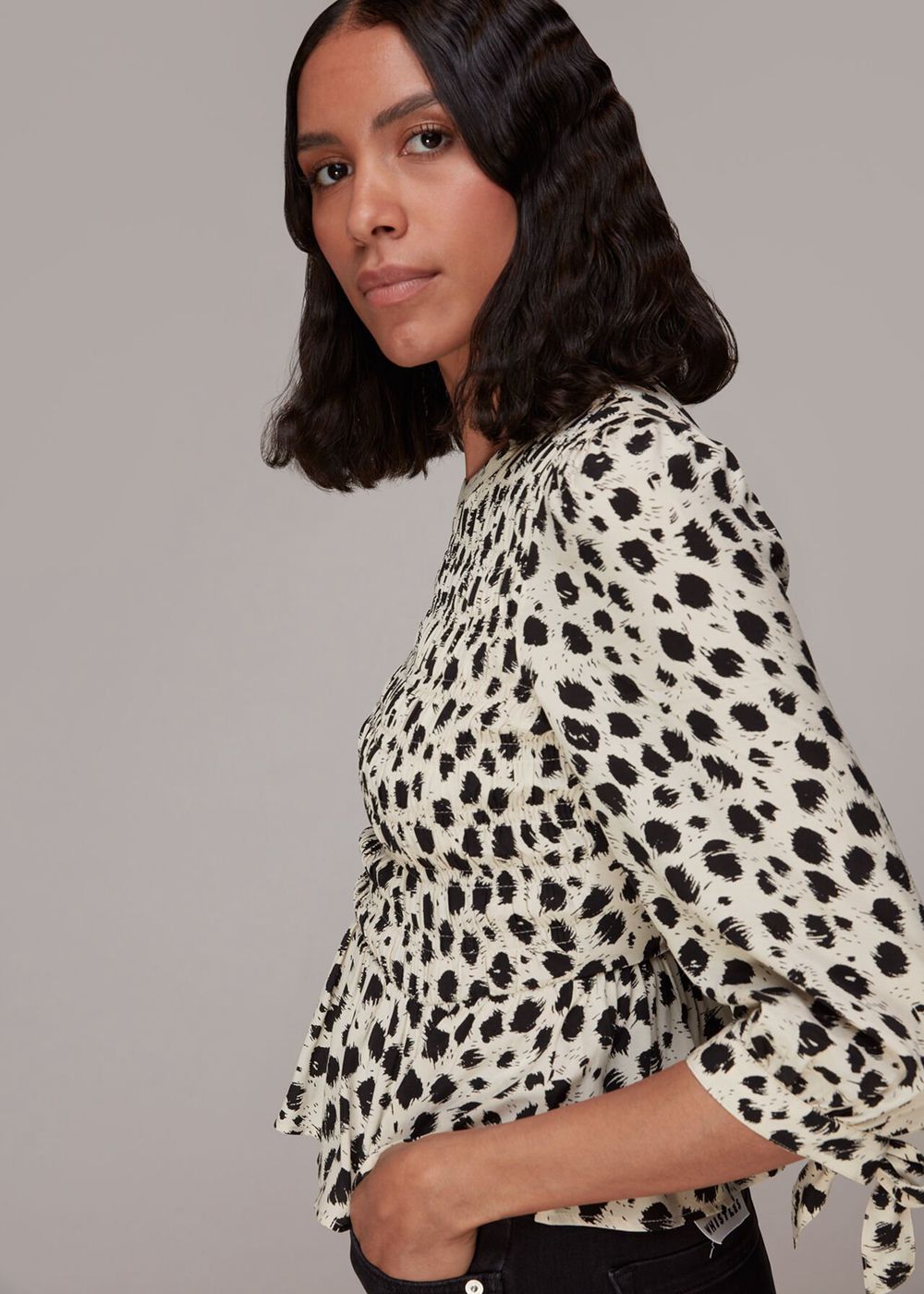 Whistles Brushed Dalmatian Shirred Top Black / White | US-38104DAUJ