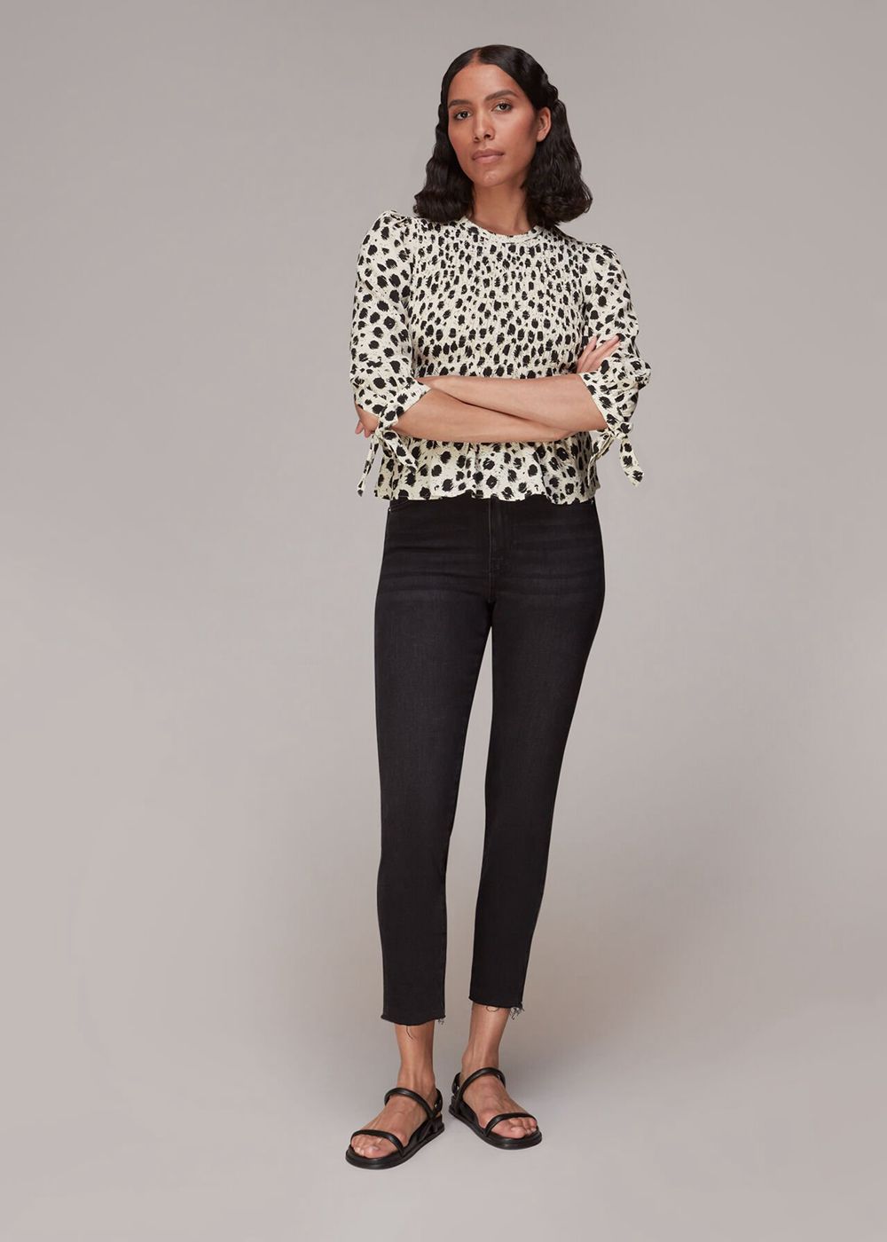 Whistles Brushed Dalmatian Shirred Top Black / White | US-38104DAUJ