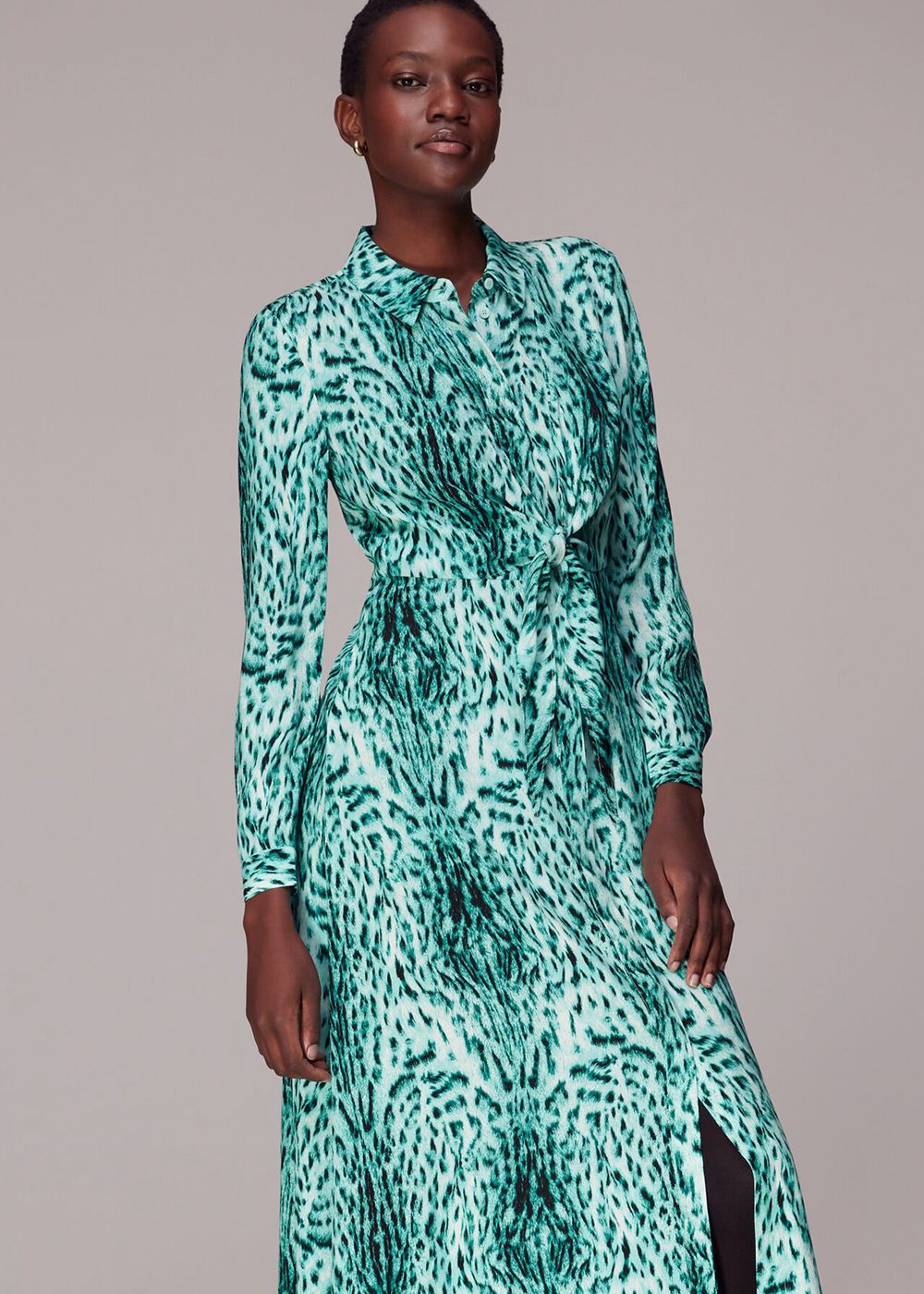 Whistles Brushed Leopard Tie Midi Dress Green / Multicolor | US-97356EGZS