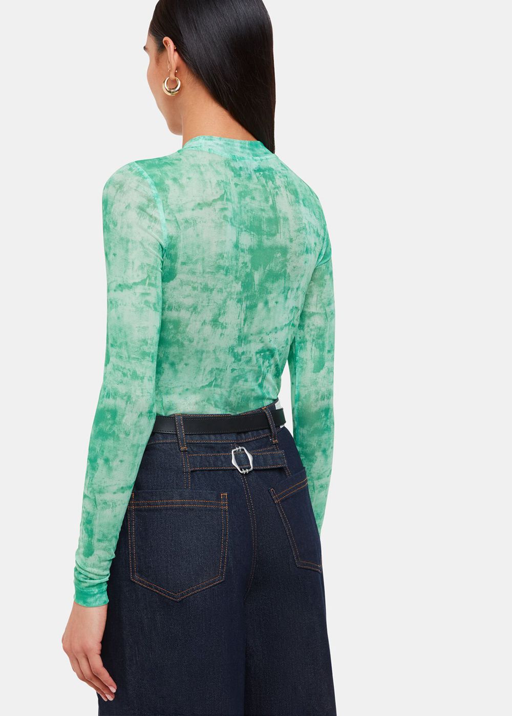 Whistles Brushwork Print Mesh Jersey Top Green / Multicolor | US-79863GWEX