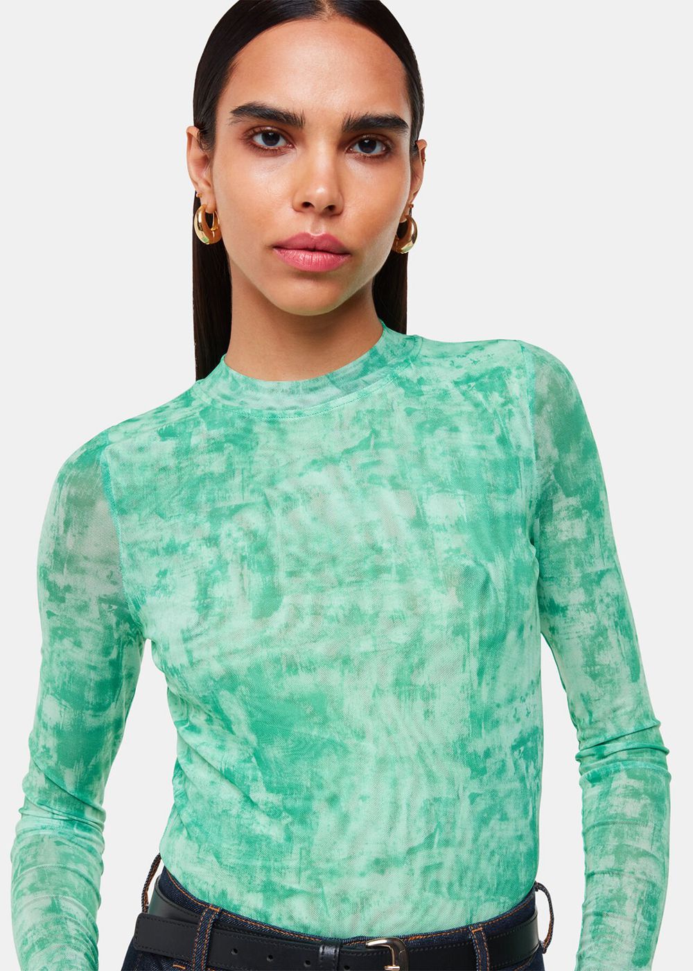 Whistles Brushwork Print Mesh Jersey Top Green / Multicolor | US-79863GWEX