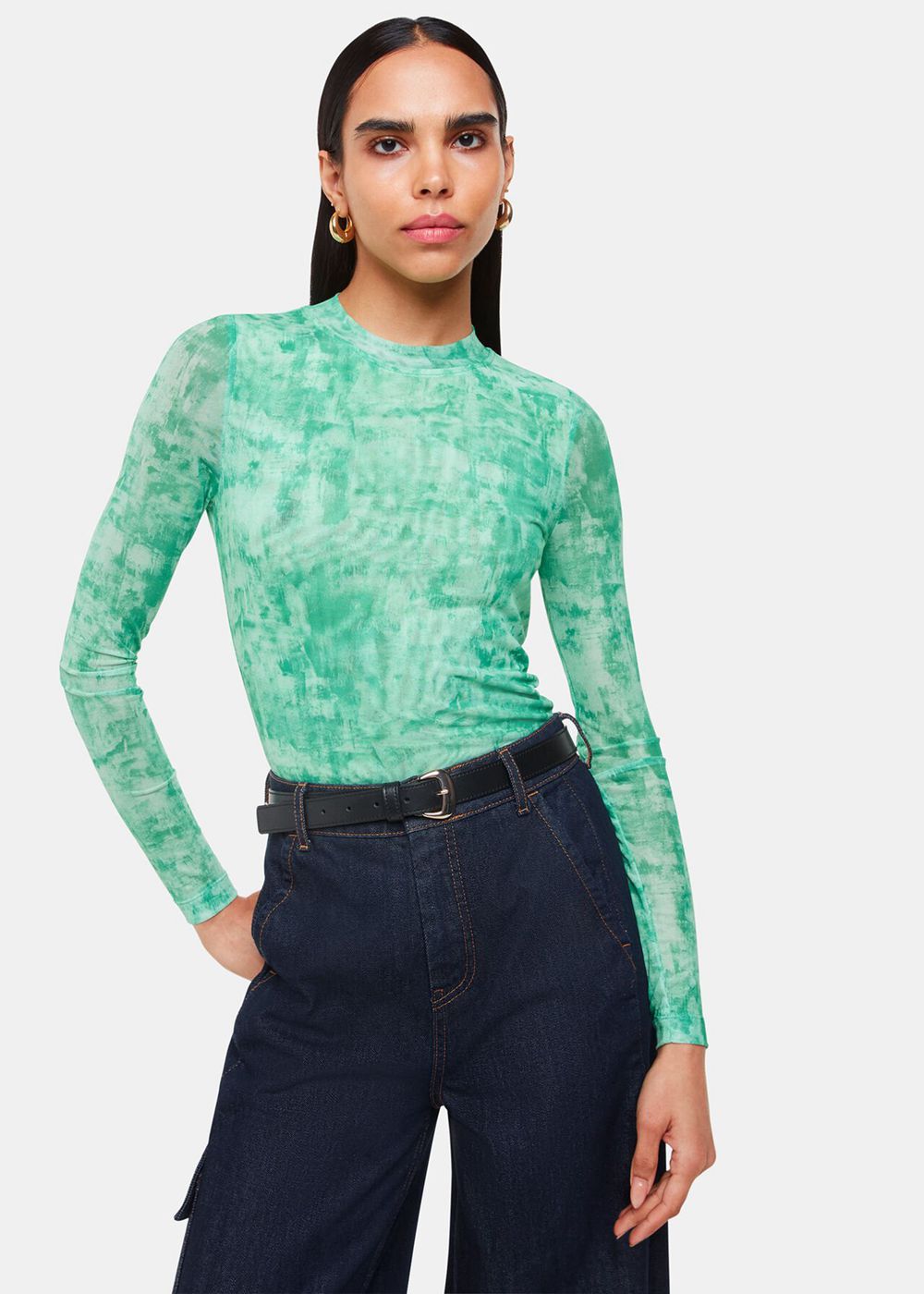 Whistles Brushwork Print Mesh Jersey Top Green / Multicolor | US-79863GWEX