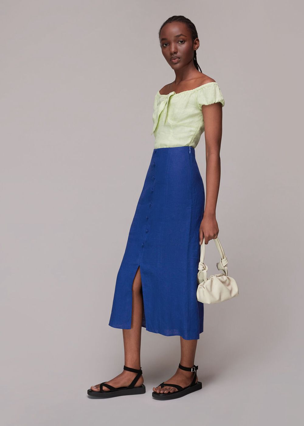 Whistles Button Front Linen Skirts Blue | US-91637OEMS