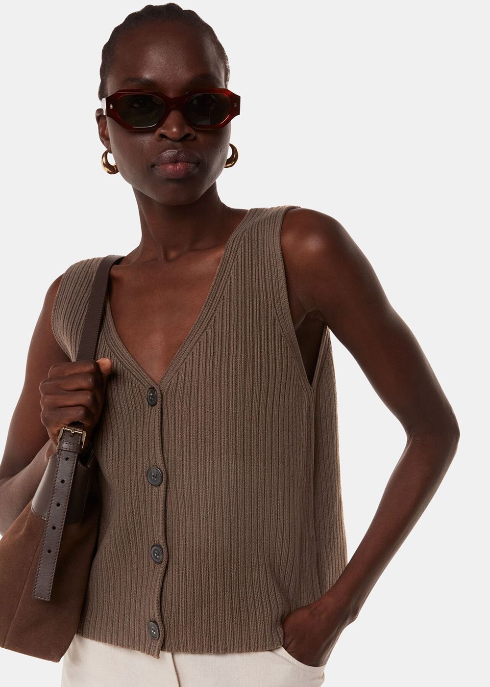 Whistles Button Front V Neck Knitwear Chocolate | US-64731ODFM