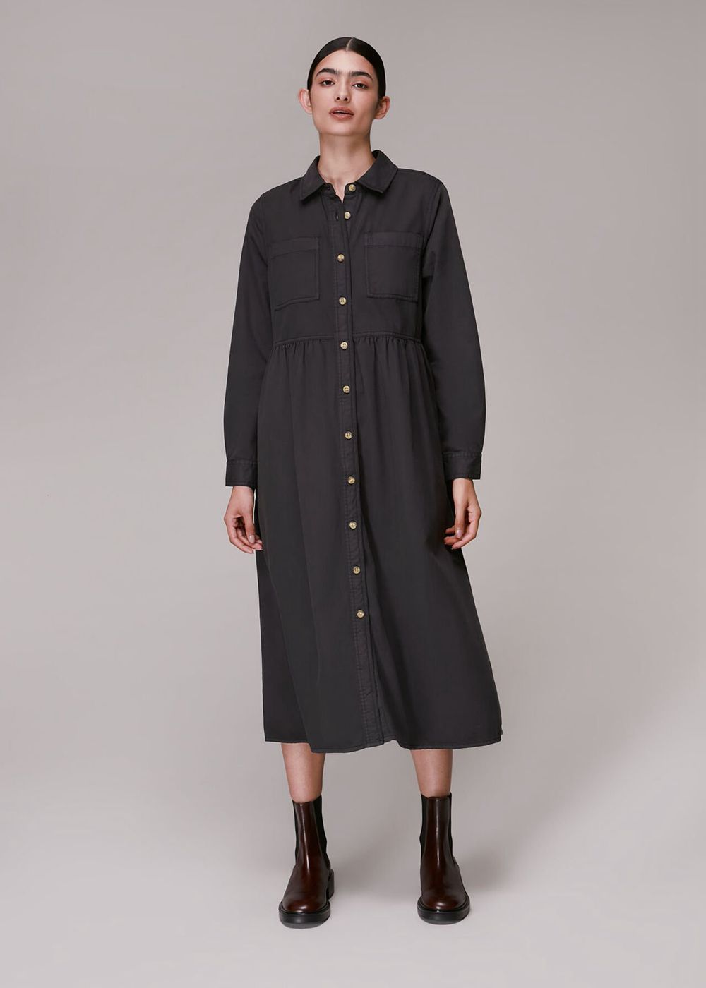 Whistles Button Up Shirt Dress Black | US-19286MHZS