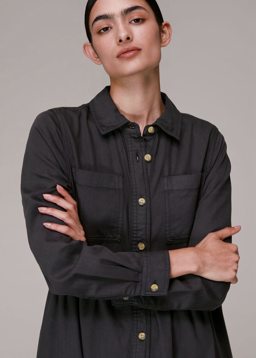 Whistles Button Up Shirt Dress Black | US-19286MHZS