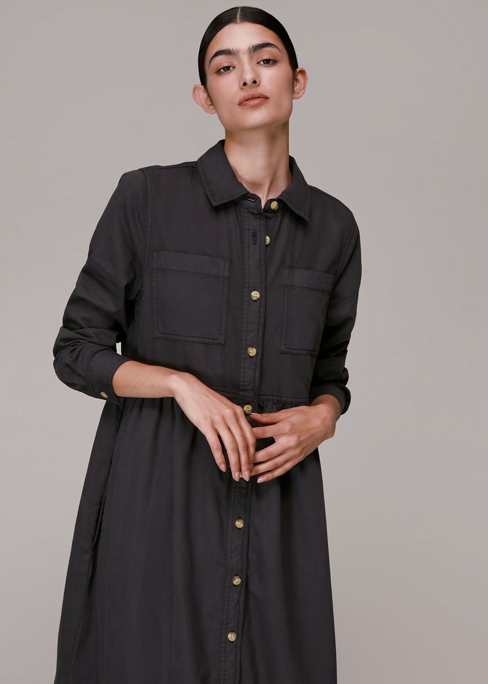 Whistles Button Up Shirt Dress Black | US-19286MHZS