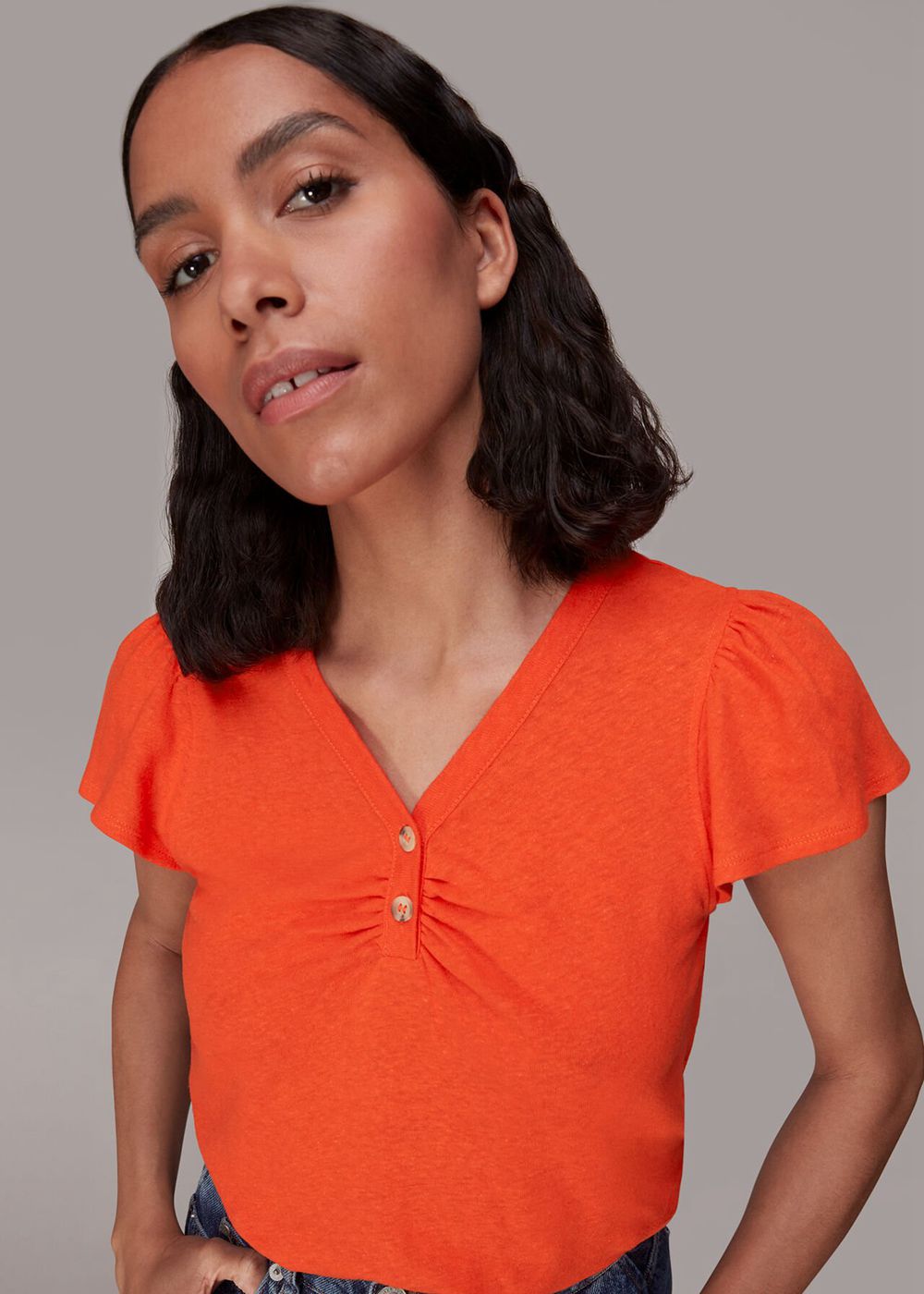 Whistles Cada Button Linen Mix T-Shirt Orange | US-26714WJGC