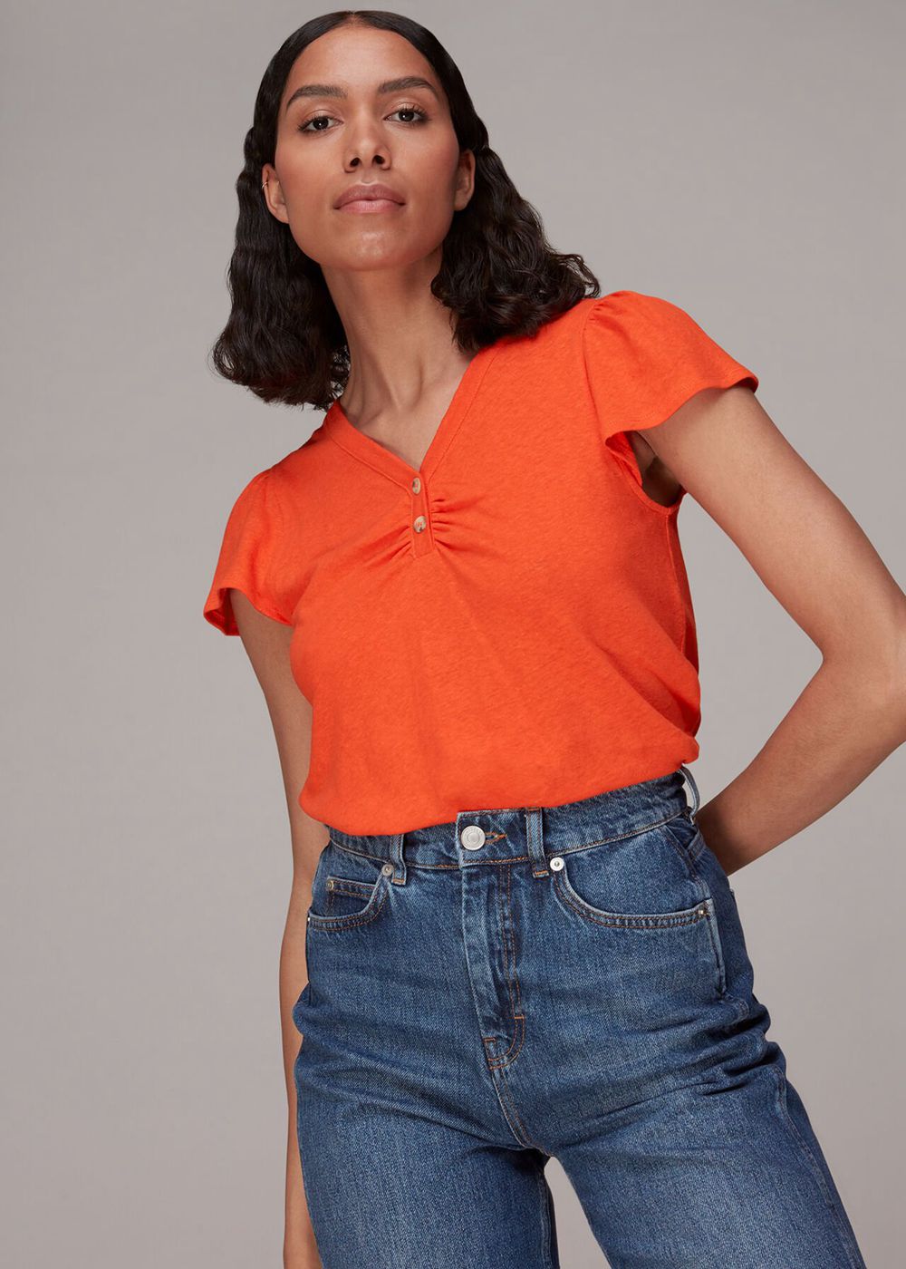 Whistles Cada Button Linen Mix T-Shirt Orange | US-26714WJGC