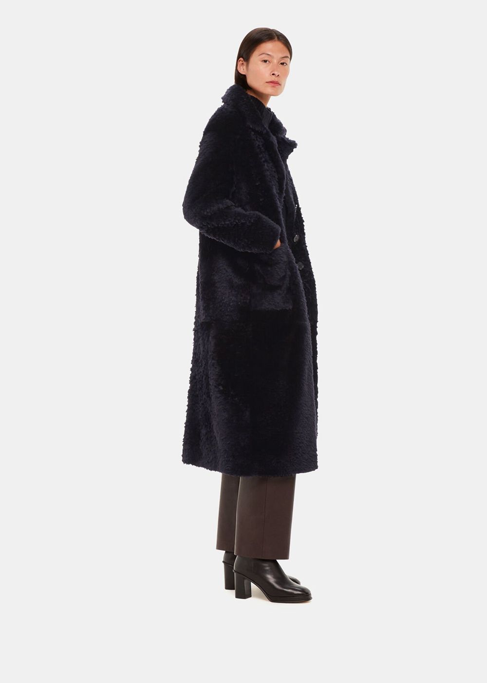 Whistles Camille Shearling Coat Navy | US-61803CRAE