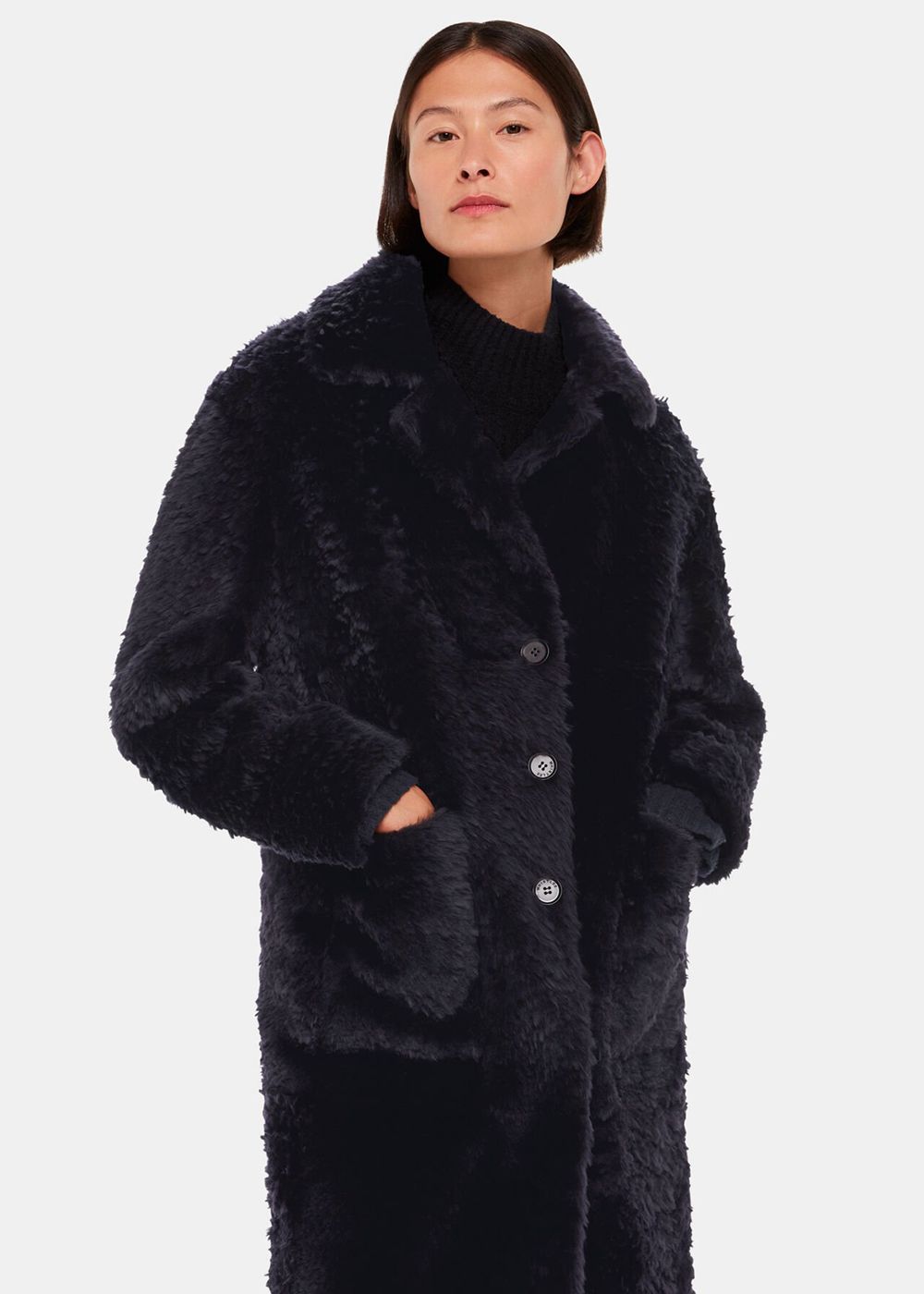 Whistles Camille Shearling Coat Navy | US-61803CRAE