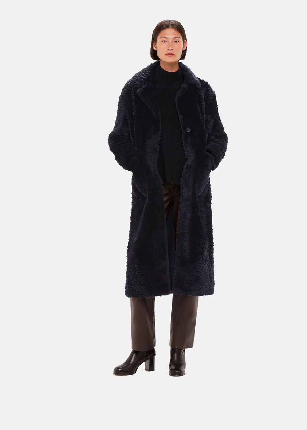 Whistles Camille Shearling Coat Navy | US-61803CRAE