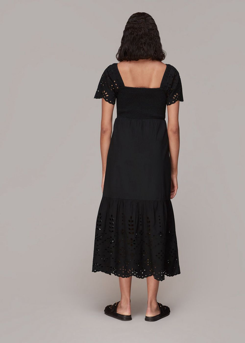 Whistles Carrie Broderie Midi Dress Black | US-70458SDFH