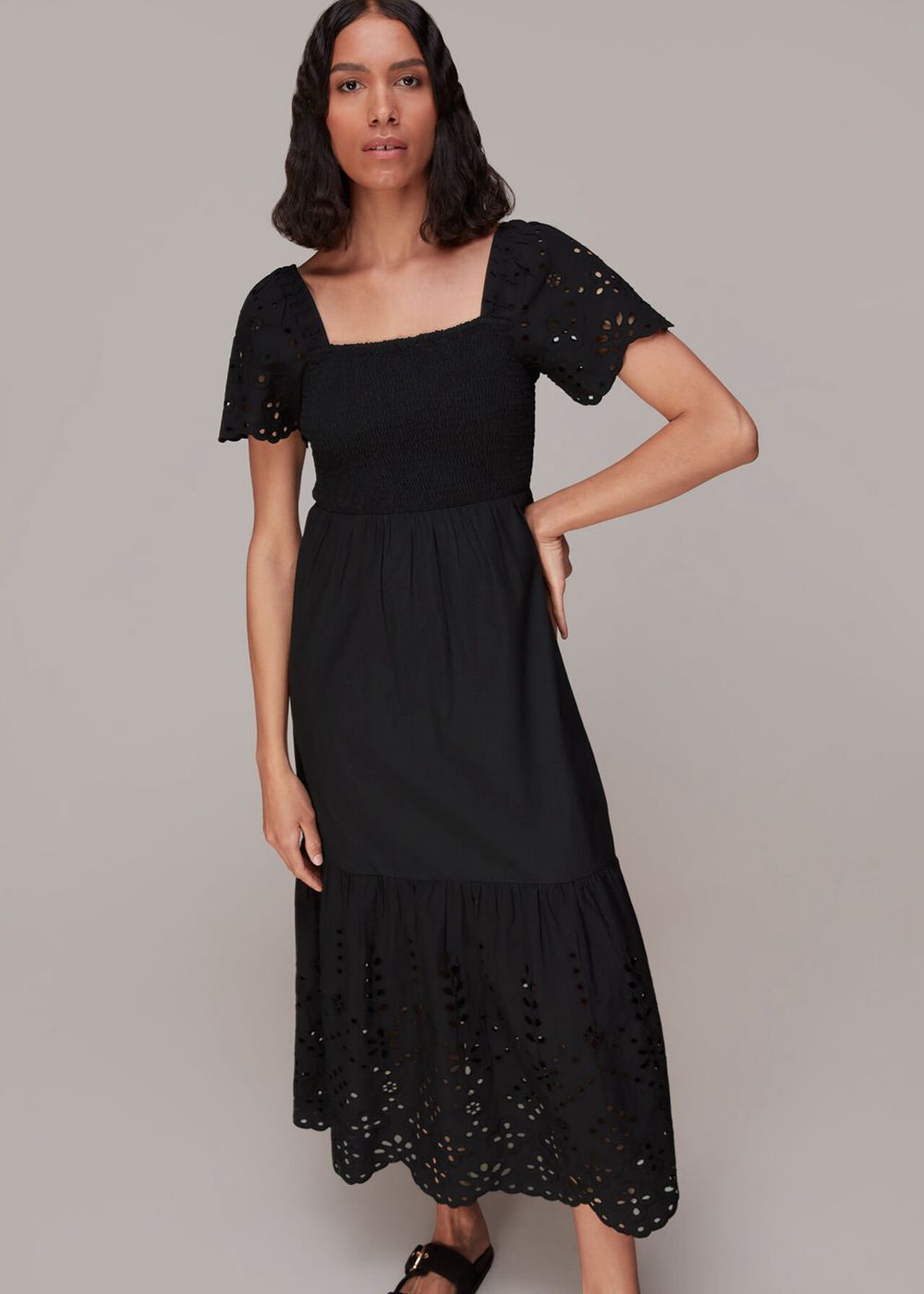 Whistles Carrie Broderie Midi Dress Black | US-70458SDFH