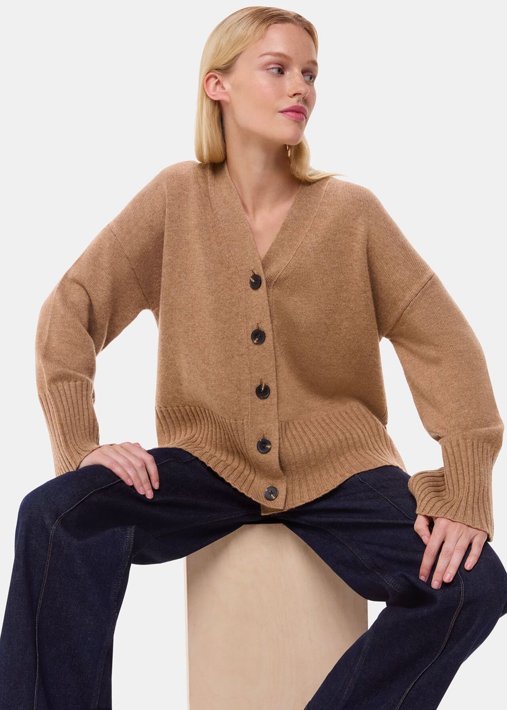 Whistles Cashmere Blend Ribbed Cardigan Brown | US-72349BUGK