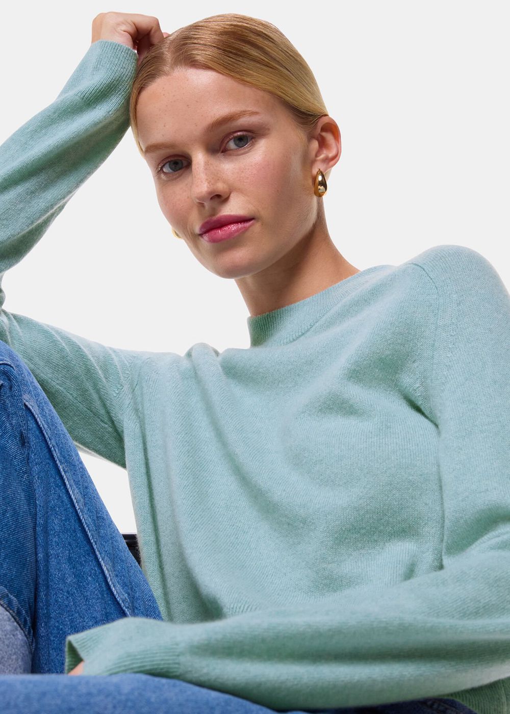 Whistles Cashmere Crop Crew Sweater Blue | US-10982UIDT