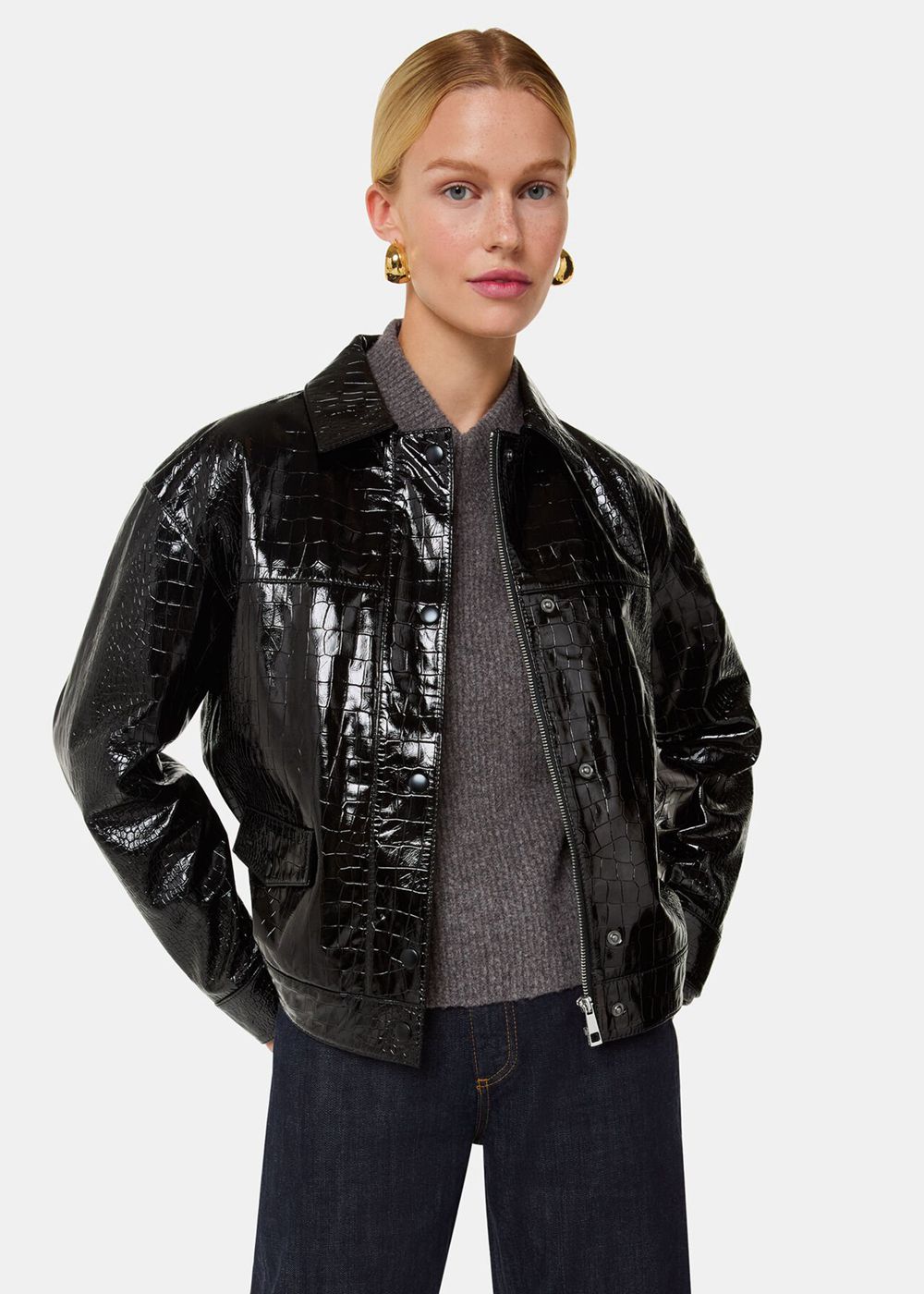 Whistles Casi Patent Croc Biker Leather Jacket Black | US-38759WXVR