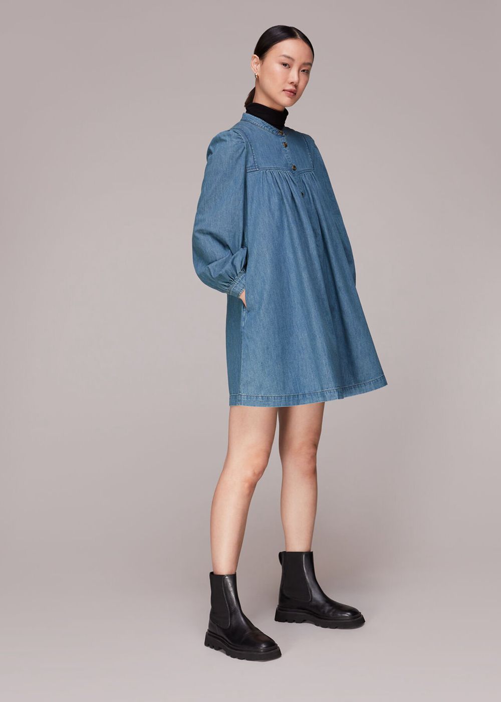 Whistles Chambray Denim Trapeze Dress Blue | US-75681XSVJ