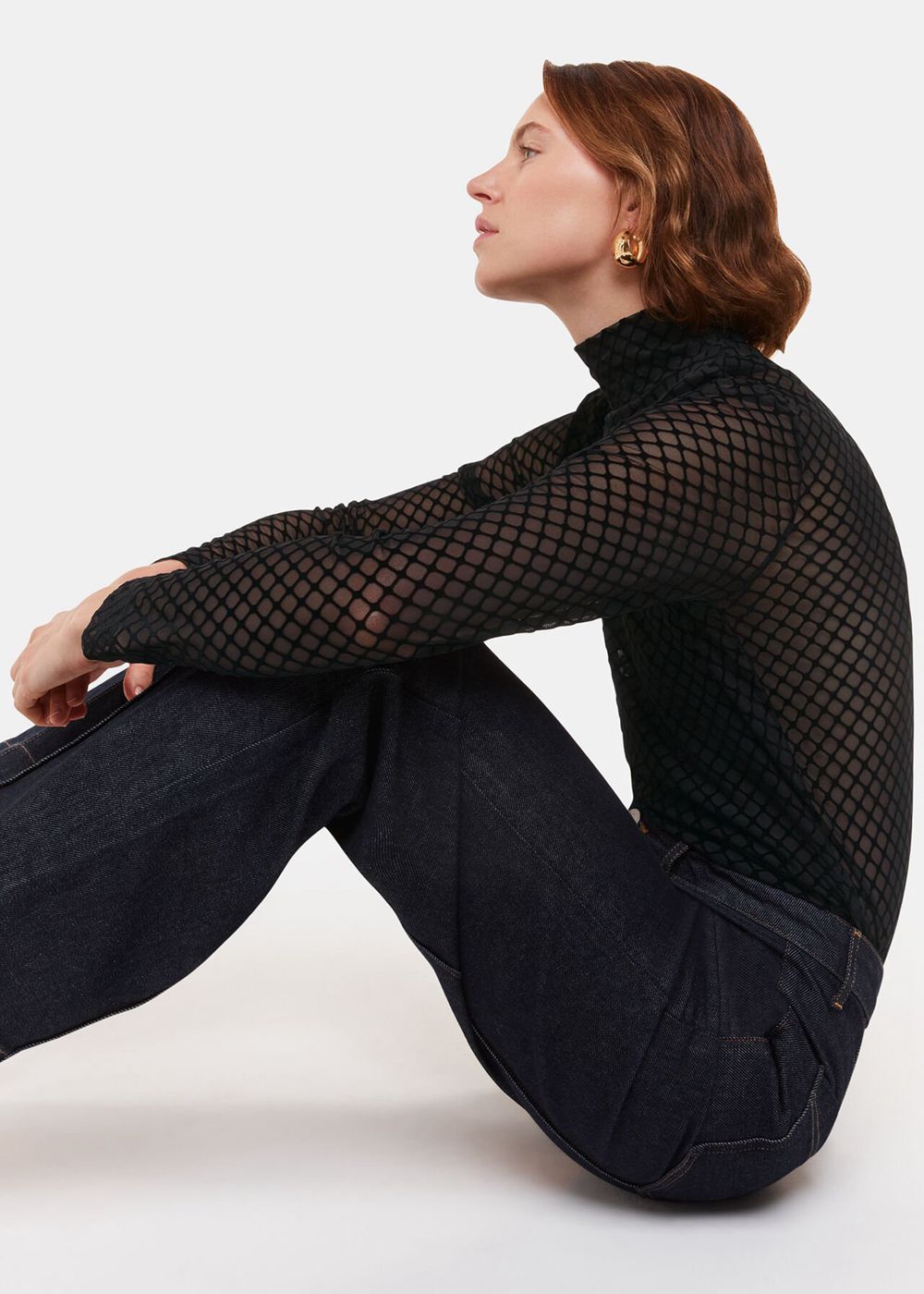 Whistles Checked Flocked Mesh Top Black | US-49835FRIT