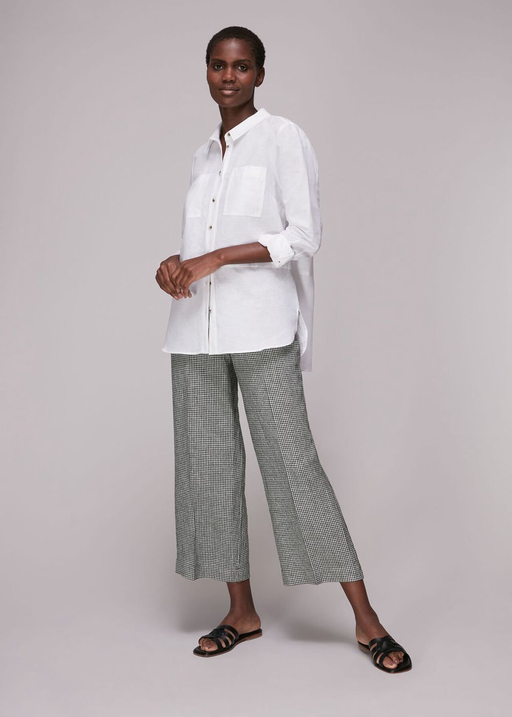 Whistles Checked Linen Crop Pants Navy / Multicolor | US-98263FYCL