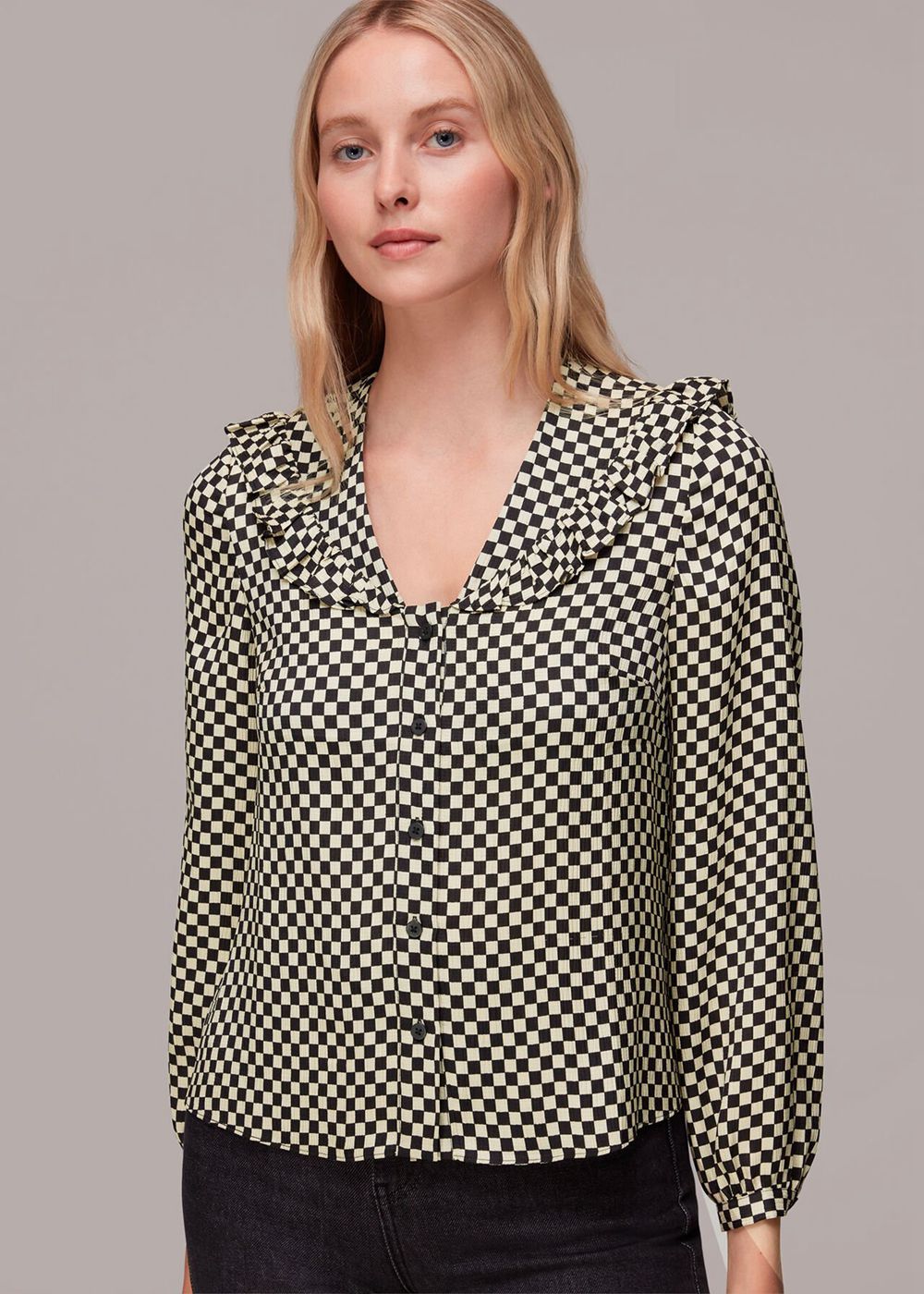 Whistles Checkerboard Collar Detail Top Black / Multicolor | US-90635HYKI