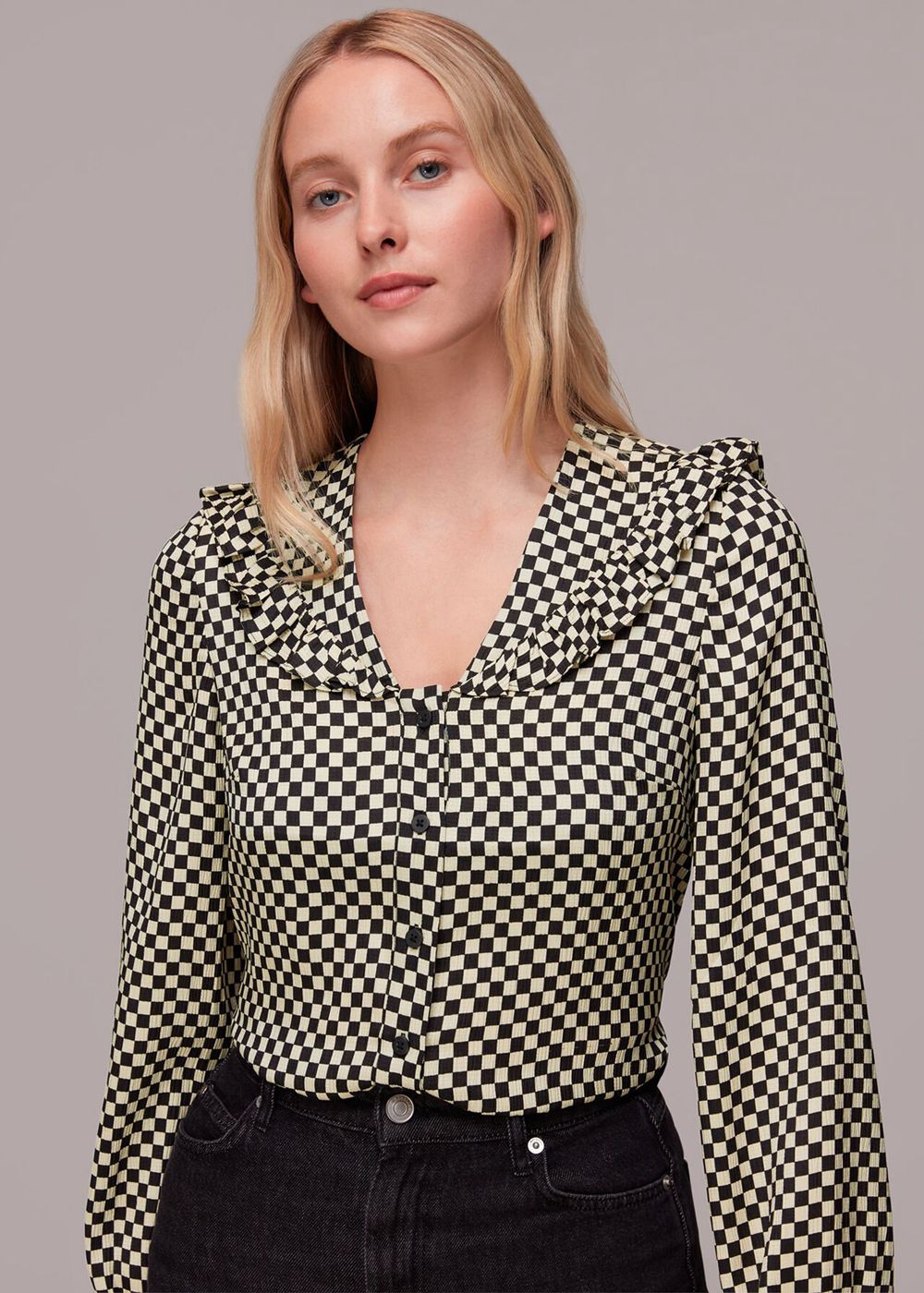 Whistles Checkerboard Collar Detail Top Black / Multicolor | US-90635HYKI