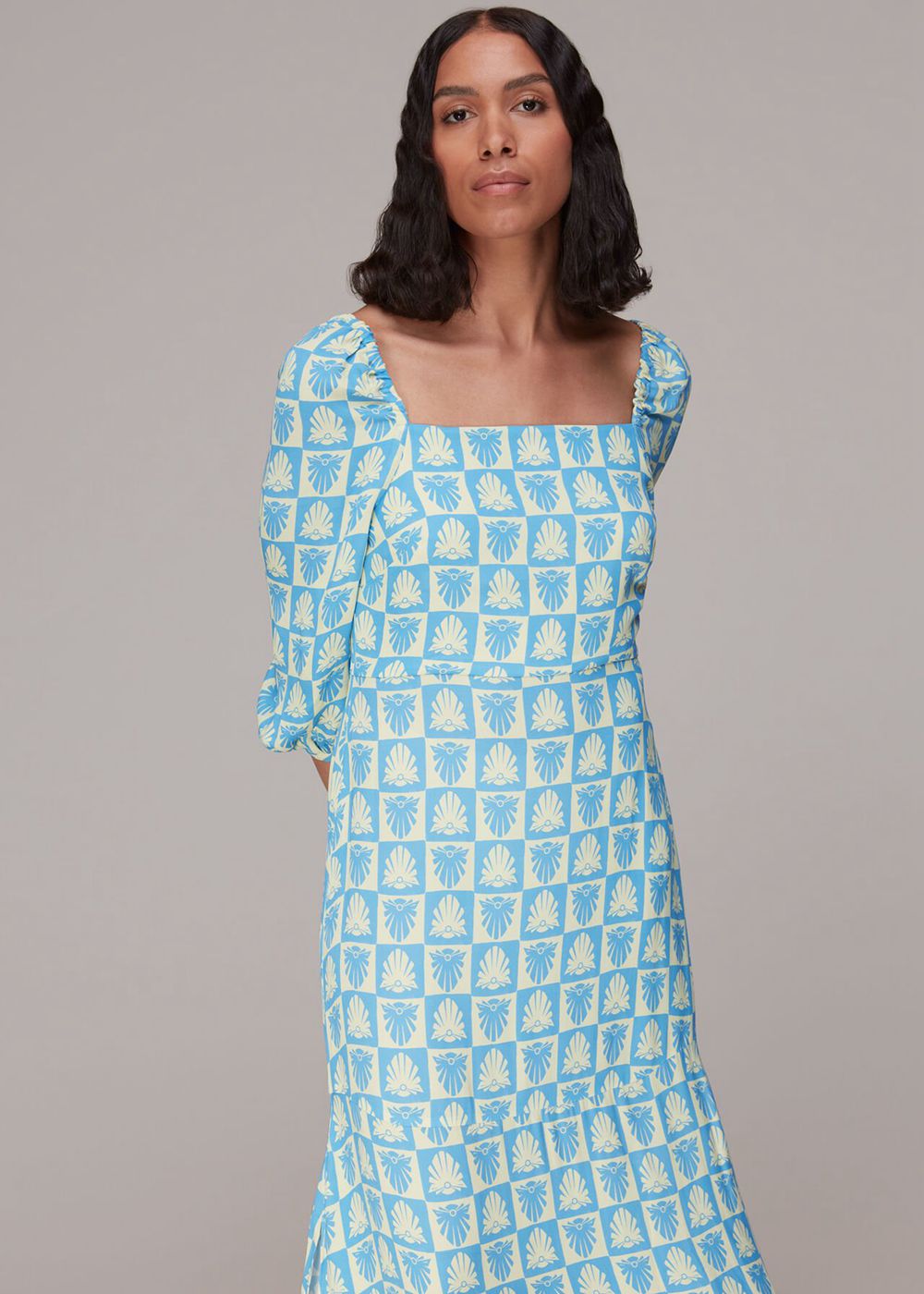 Whistles Checkerboard Shells Midi Dress Blue / Multicolor | US-40796FLNA