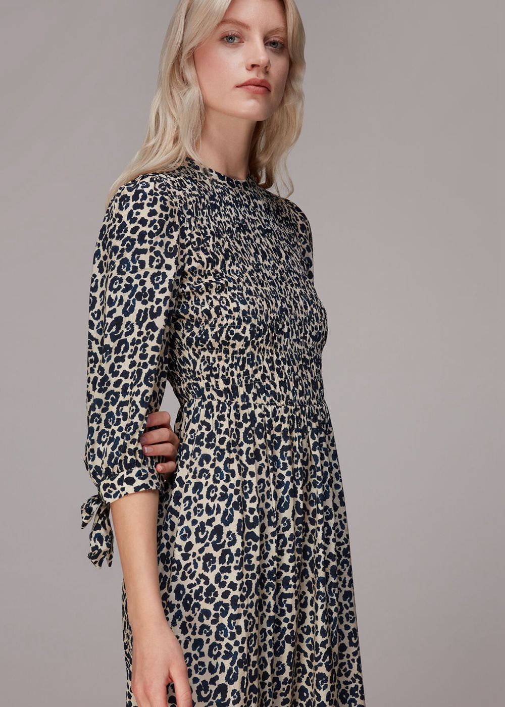 Whistles Cheetah Print Shirred Dress Leopard | US-04973SCZY